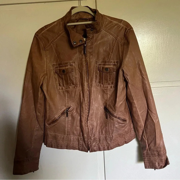 Max Jeans Brown Faux Leather Moto Jacket Size Large - Picture 2 of 12